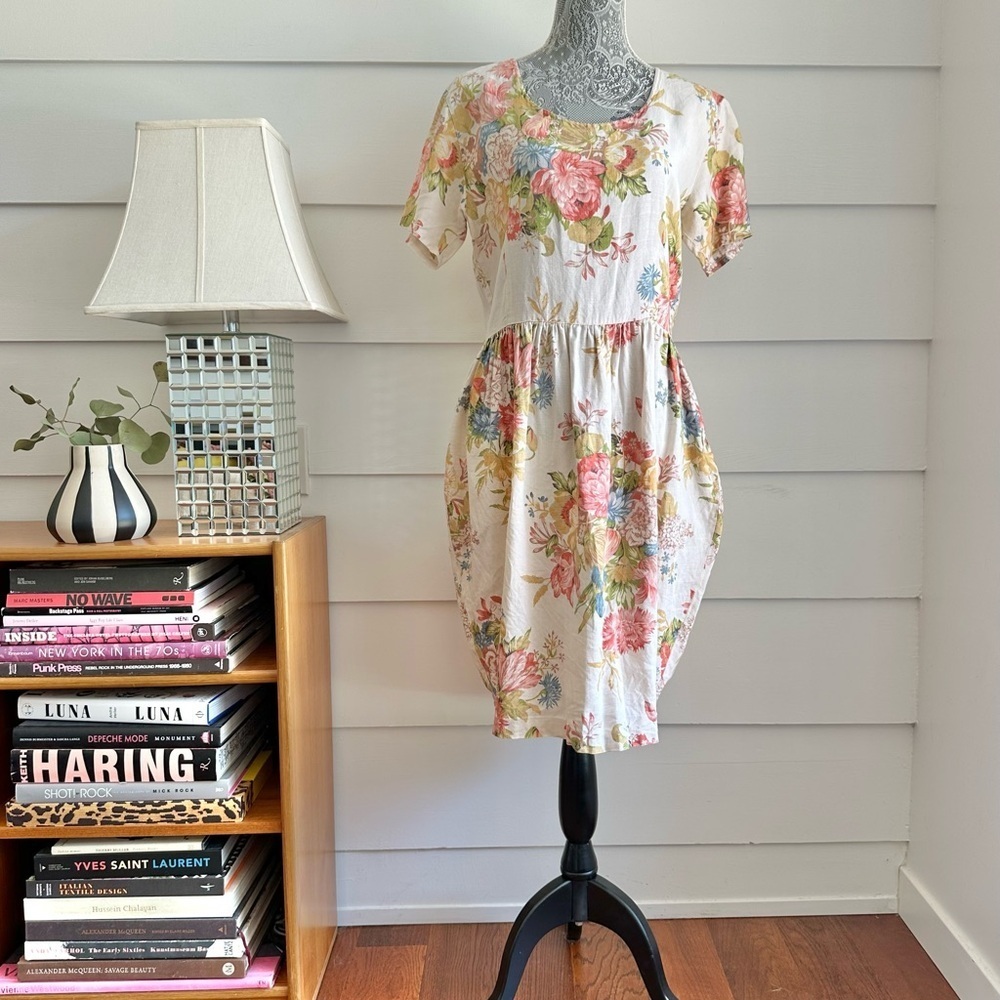 Vintage Linen Floral Print Dress by Adrienne Vittadini